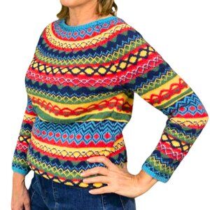Fair Isle Knit Retro Sweater Crewneck Long Sleeve Multicolor Medium